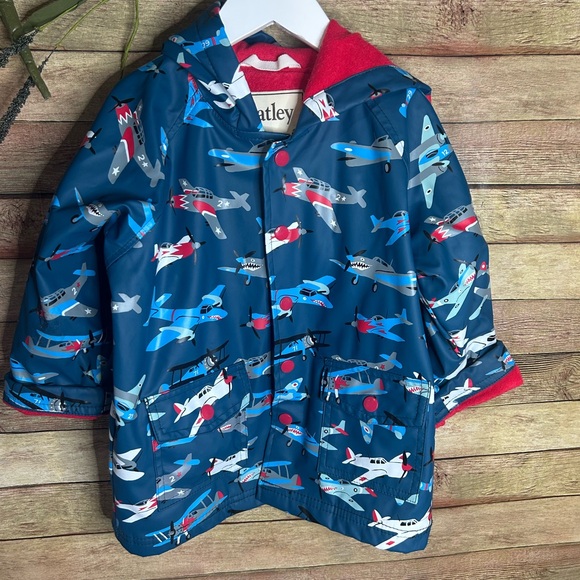 Hatley Teal Airplane Print Raincoat Waterproof Toddler Boy Jacket Size 3 - Picture 1 of 7
